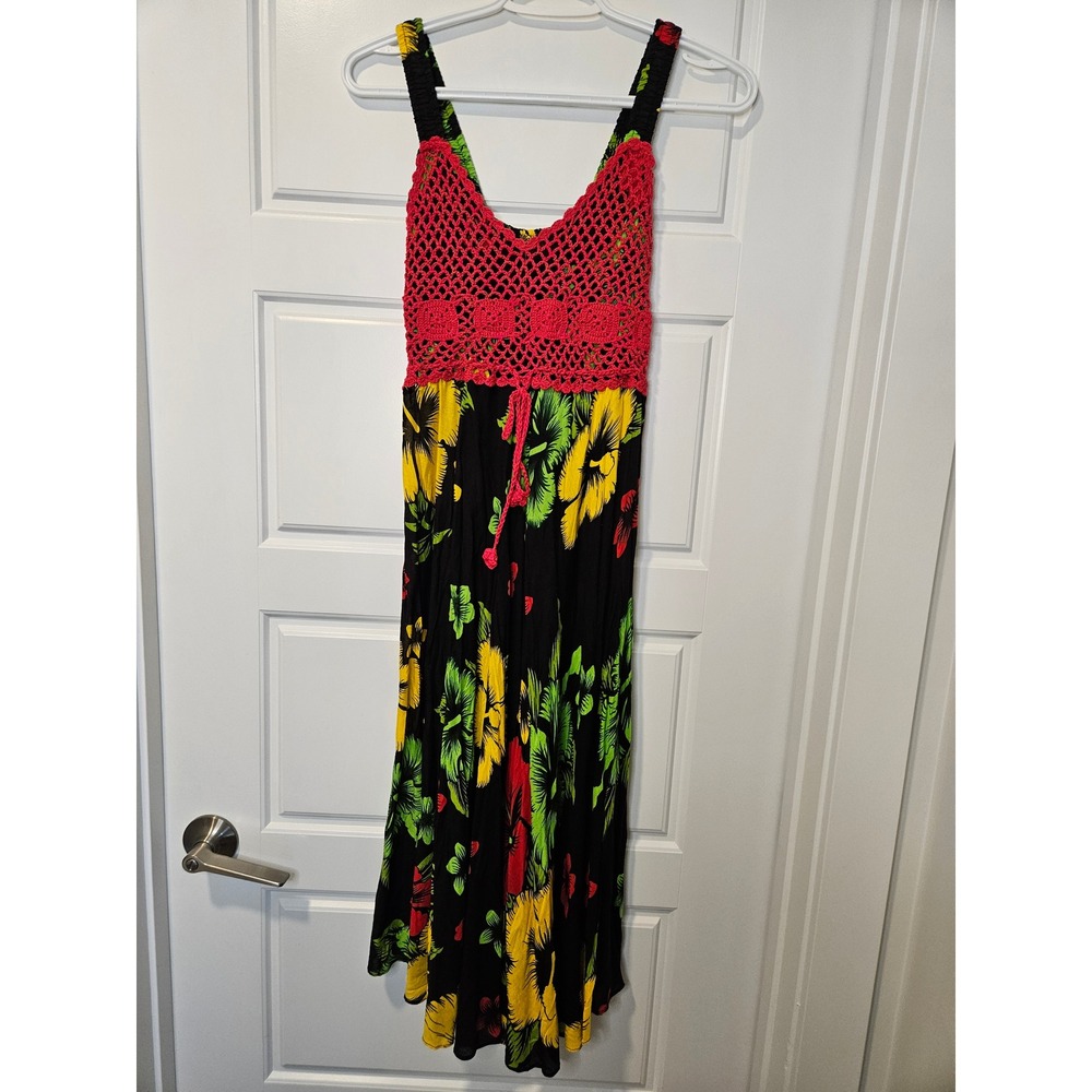 Tropical Floral Crochet Bodice Maxi Dress Pink Yellow Black Smocked Back Summer
